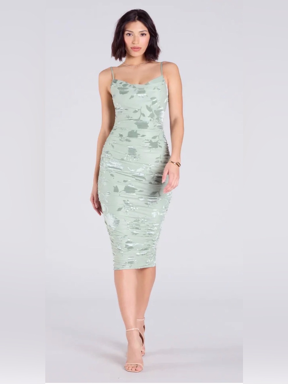 Windsor Sage Green Floral Ruched Midi Dress Womens Medium Bodycon